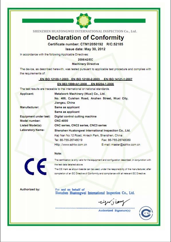 КИТАЙ METALWORK MACHINERY (WUXI) CO.LTD Сертификаты